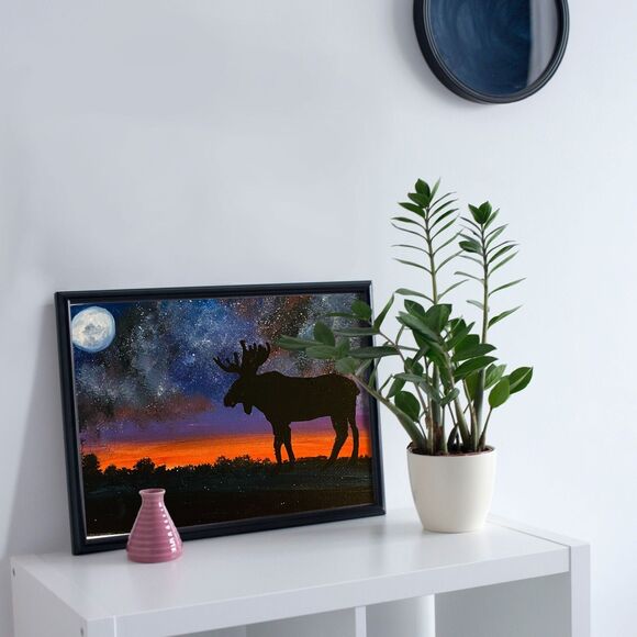 Elk Painting Starry Night Galaxy Art 5x7" Original Fine Art Hardboard Oil - Picture 7 of 8